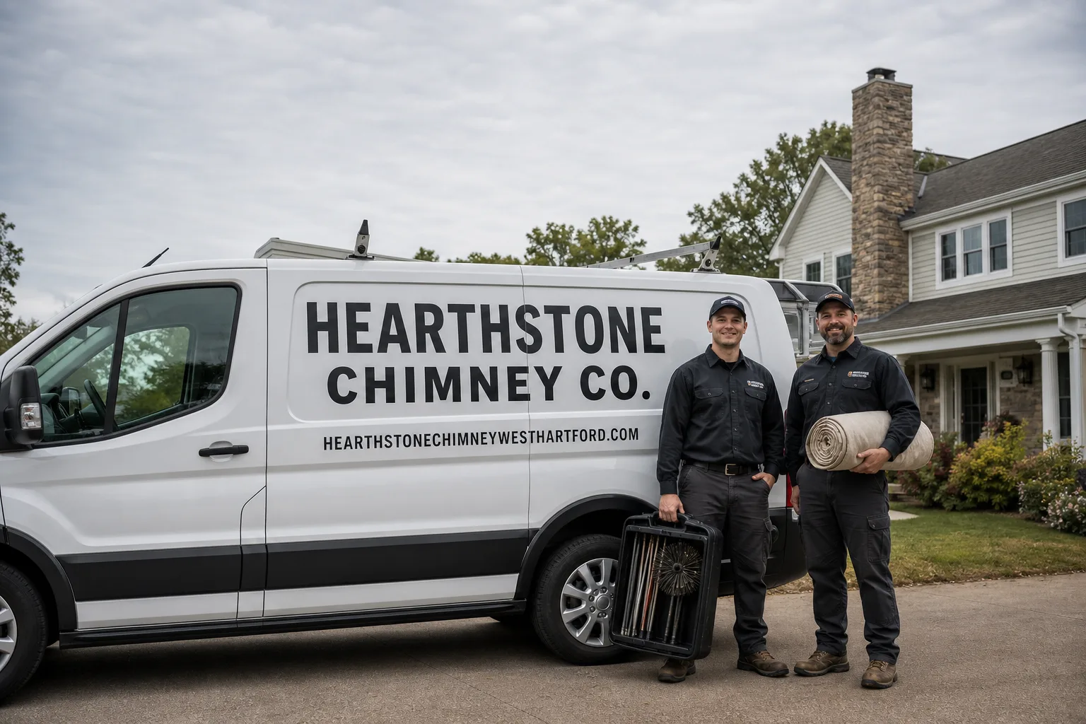 Hearthstone Chimney Co. chimney cleaning service vehicle and crew in West Hartford, CT